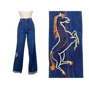 Size S | Vintage 1980s 80s Novelty Straight Leg Mid Rise Jeans Embroidered Horse